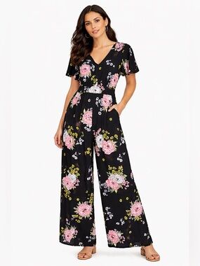 torrid Black Jumpsuit with Pink & Yellow Floral Print